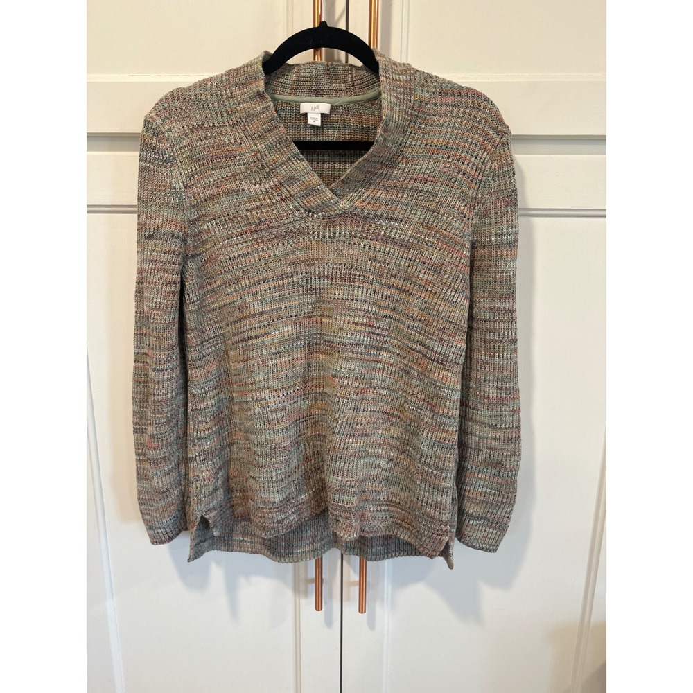J. Jill Womens Space Dye V-Neck Knit Sweater Multi-Color Cotton Blend M boho